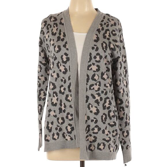 New Calvin Klein Large Open Front Cardigan Sweater Leopard Animal Print Gray L - Picture 4 of 7